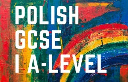 Biały napis "Polish GCSE i A-level" na kolorowym tle