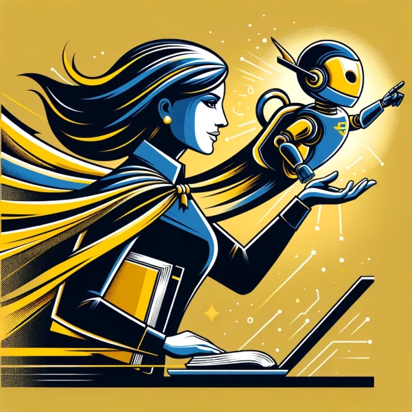DALL·E 2024-03-02 15.20.41 - A dynamic vector illustration capturing the essence of a super duo a teacher and her small robot assistant. The teacher is depicted in profil (1)